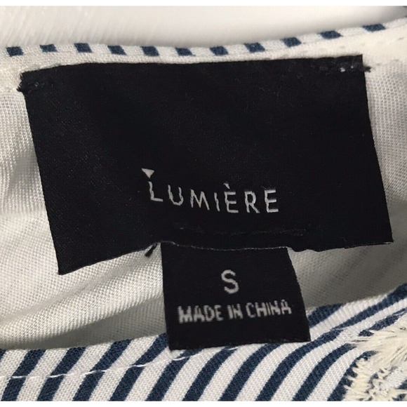 Lumiere Tiered Mini Dress Short Sleeve Embroidered Blue White Striped Size Small - Picture 6 of 8